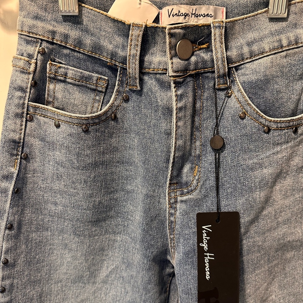 Vintage Havana Blue Stud-Trim High-Rise Jeans